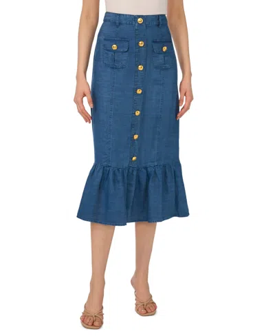 Cece Button-up Denim Midi Skirt In Blue