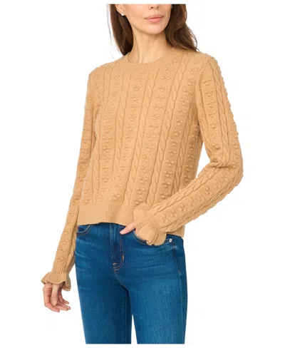 Cece Women's Cable-knit Crewneck Ruffle-trim Sweater In Brown