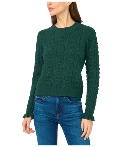Cece Women's Cable-knit Crewneck Ruffle-trim Sweater In Green