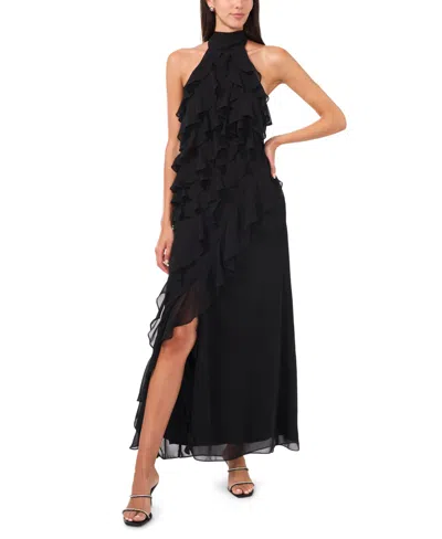 Cece Women's Chiffon Sleeveless Long Halter Dress In Black