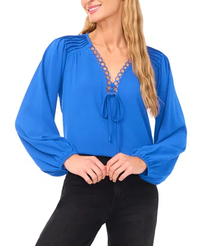 Cece Women's Circular Trim Pin-tuck Long Sleeve Blouse In Blue