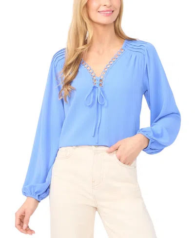 Cece Women's Circular Trim Pin-tuck Long Sleeve Blouse In Blue