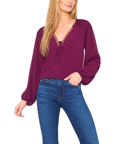 Cece Women's Circular Trim Pin-tuck Long Sleeve Blouse In Burgundy