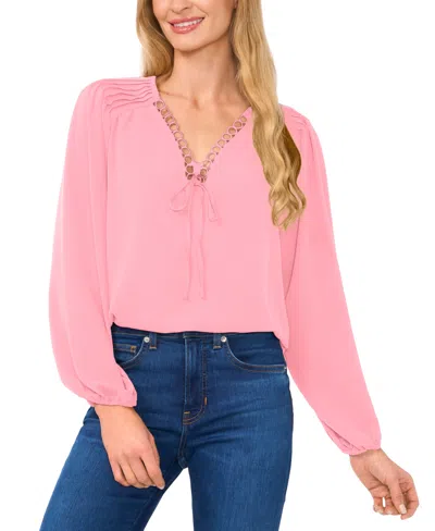 Cece Women's Circular Trim Pin-tuck Long Sleeve Blouse In Confetti Pink