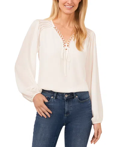 Cece Women's Circular Trim Pin-tuck Long Sleeve Blouse In New Ivory