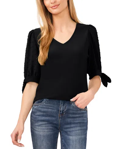 Cece Women's Clip Dot Tie 3/4-sleeve V-neck Top In Rich Black