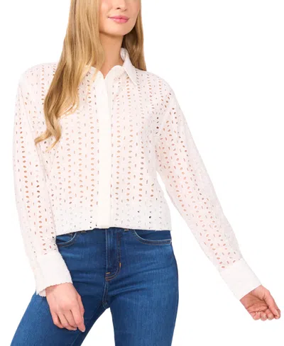 CECE WOMEN'S COLLARED BUTTON-FRONT EYELET BLOUSE