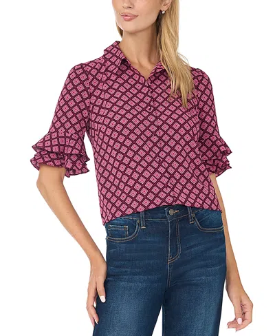 Cece Women's Collared Button Up With Ruffle Sleeve Opening Geometric-print Blouse In Pink