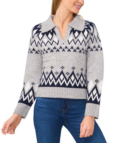 Cece Women's Collared Fair Isle Sweater In Light Heather Grey