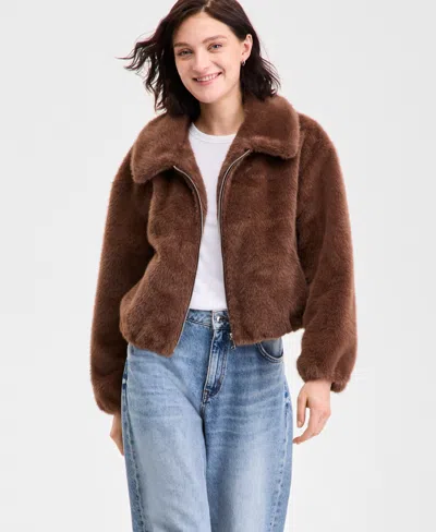 Cece Women's Collared Faux-fur Bomber Coat In Brown