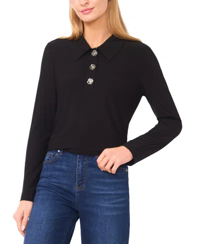 Cece Women's Collared Neck Half Placket Top In Black