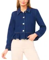 Cece Long Sleeve Collared Peplum Denim Jacket In Blue