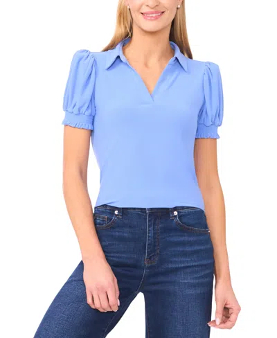 Cece Women's Collared Split Neck Short Sleeve Knit Top In Blue