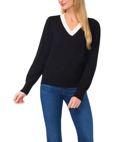 Cece Women's Contrast Collar V-neck Sweater In Rich Black
