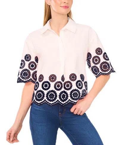 Cece Women's Contrast Embroidered Cotton Collared Shirt In White