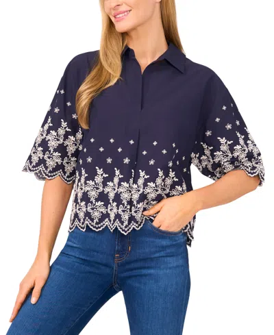 Cece Women's Contrast Embroidered Cotton Collared Shirt In Purple