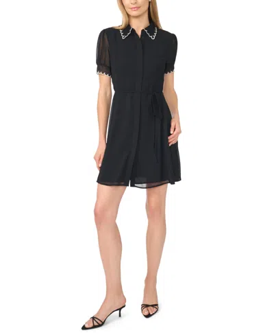 Cece Women's Contrast Stitch Short-sleeve Scallop Mini Dress With Tie Waist In Black