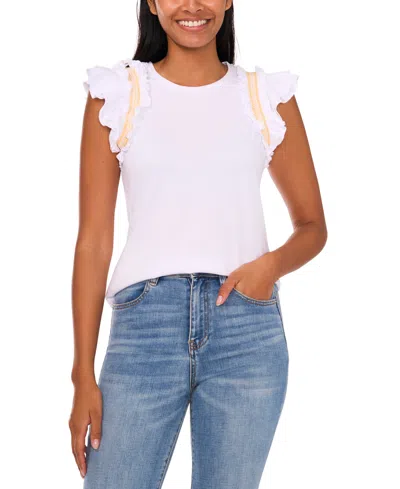 Cece Women's Contrast-trim Ruffle-sleeve Cotton Top In Ultra White