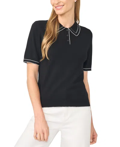 Cece Women's Contrast-stitch Short-sleeve Polo Collared Sweater In Rich Black