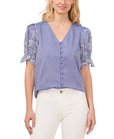 Cece Women's Cotton Floral Puff Sleeve V-neck Blouse In Blue Air