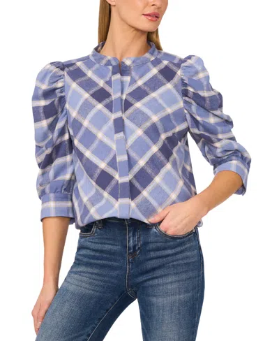 Cece Women's Cotton Plaid Puff Elbow-sleeve Shirt In Niagara Blue