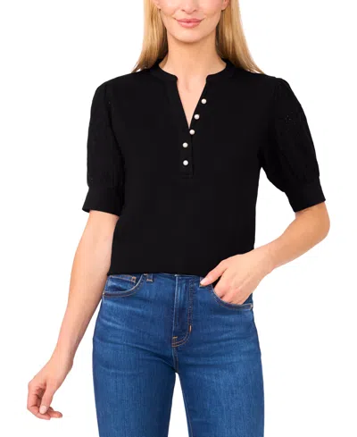 Cece Women's Cotton Puffed-sleeve Mixed-media Top In Black