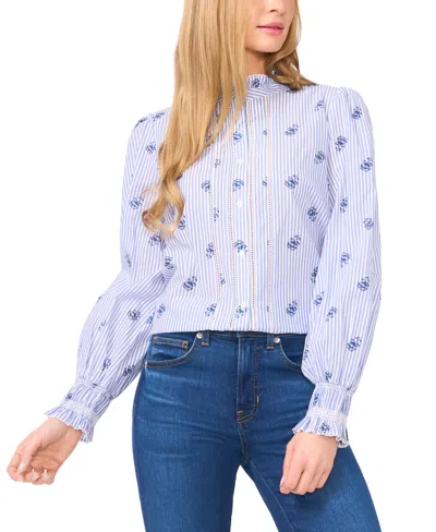 Cece Women's Cotton Ruffle-collar Lace-detail Button-up Blouse In Ocean Blue