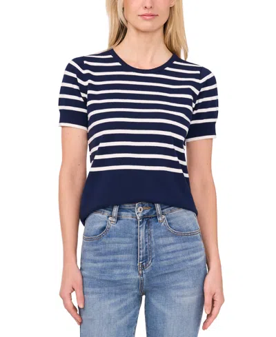Cece Women's Cotton Short-sleeve Striped Crewneck Sweater In Classic Navy