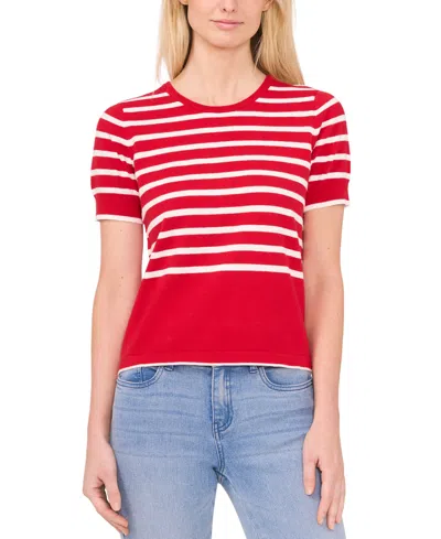 Cece Women's Cotton Short-sleeve Striped Crewneck Sweater In Luminous Red