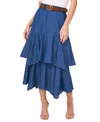 Cece Tiered Denim Midi Skirt In Mid Indigo