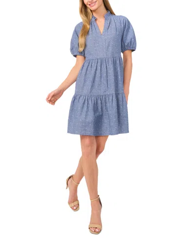 Cece Women's Cotton V-neck Puff-sleeve Tiered Dress In Niagara Blue