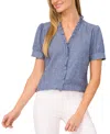 Cece Ruffle Trim Chambray Button-up Top In Niagara Blue