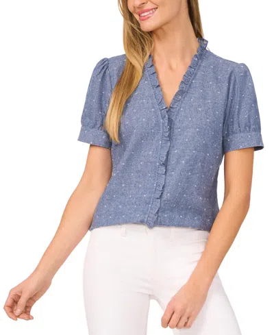 Cece Ruffle Trim Chambray Button-up Top In Niagara Blue