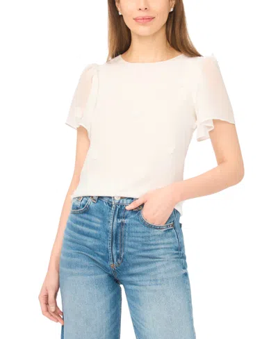 Cece Floral Appliqué Flutter Sleeve V-neck Chiffon Top In White