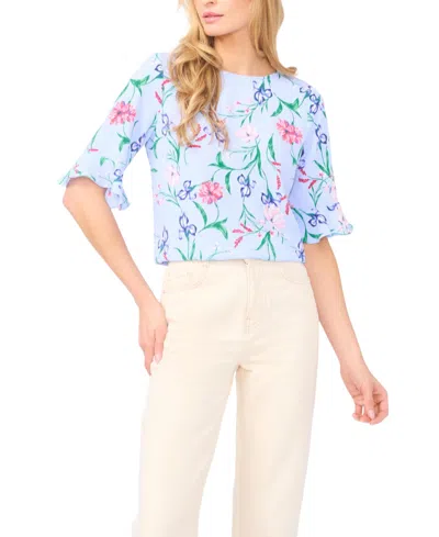 Cece Floral Ruffle Sleeve Top In Blue