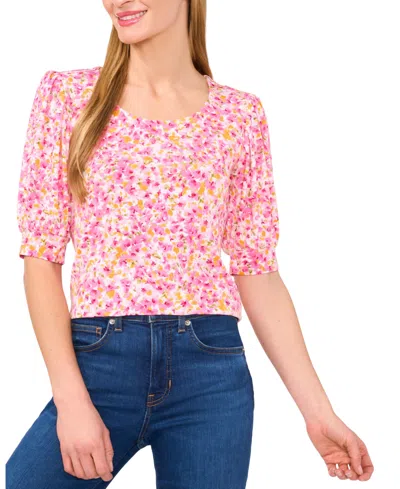 Cece Women's Crew Neck Shirred Elbow Sleeve Top In Pink Multi