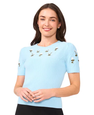 Cece Women's Crewneck Flower Embroidered Short Sleeve Cotton Sweater