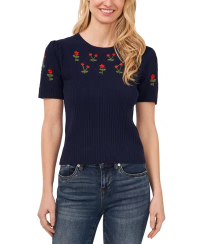 Cece Women's Crewneck Flower Embroidered Short Sleeve Cotton Sweater In Classic Navy