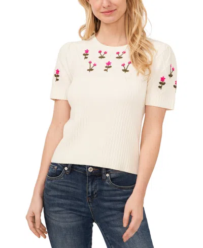 CECE WOMEN'S CREWNECK FLOWER EMBROIDERED SHORT SLEEVE COTTON SWEATER