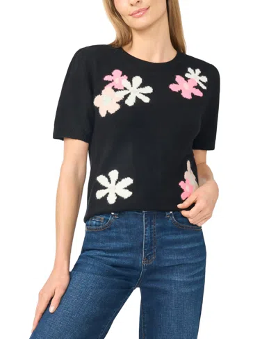 Cece Women's Crewneck Flower Patterned Knit Short-sleeve Sweater In Rich Black