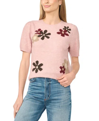 Cece Women's Crewneck Flower Patterned Knit Short-sleeve Sweater In Zephyr