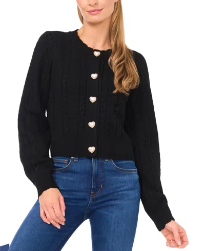 Cece Women's Crewneck Heart Button Pointelle Cardigan Sweater In Black