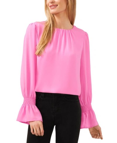 Cece Women's Crewneck Long Sleeve Smocked Ruffle Cuff Blouse In Sweet Pink