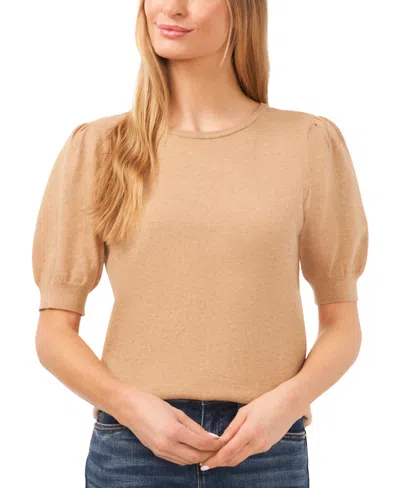 Cece Women's Crewneck Puff Sleeve Cotton Sweater In Latte Heather
