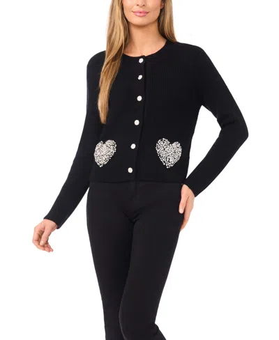 Cece Women's Crewneck Rhinestone Heart Pocket Cardigan In Black