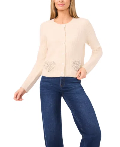 Cece Women's Crewneck Rhinestone Heart Pocket Cardigan In Brown