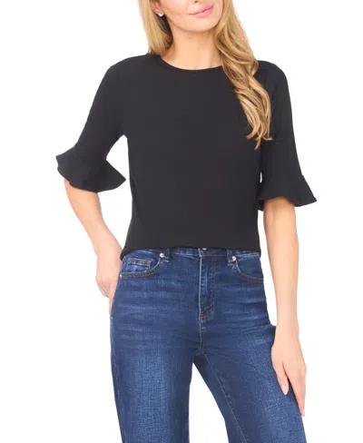 Cece Women's Crewneck Ruffle Cuff Knit Top In Black