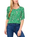 Cece Floral Print Puff Sleeve Stretch Cotton Top In Green