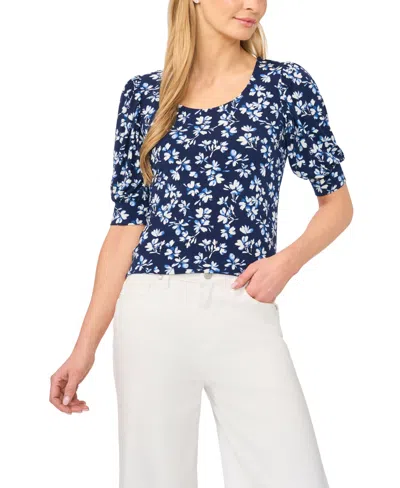 Cece Women's Crewneck Shirred Short-sleeve Top In Blue