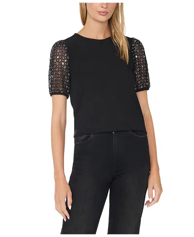 Cece Women's Crewneck Short Sleeve With Mixed Media Sleeve Sequin T-shirt In Black